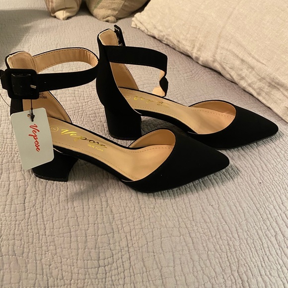 Black suede-like ankle strap heels. NWT - Picture 1 of 2